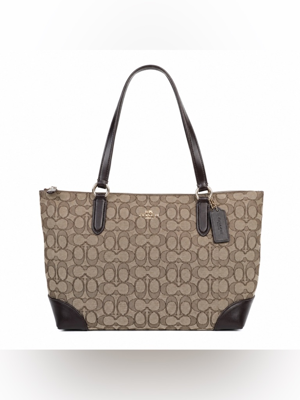 Coach Signature Zip Tote Khaki Brown Canvas Leather Trim Shoulder Bag Large - Picture 2 of 12